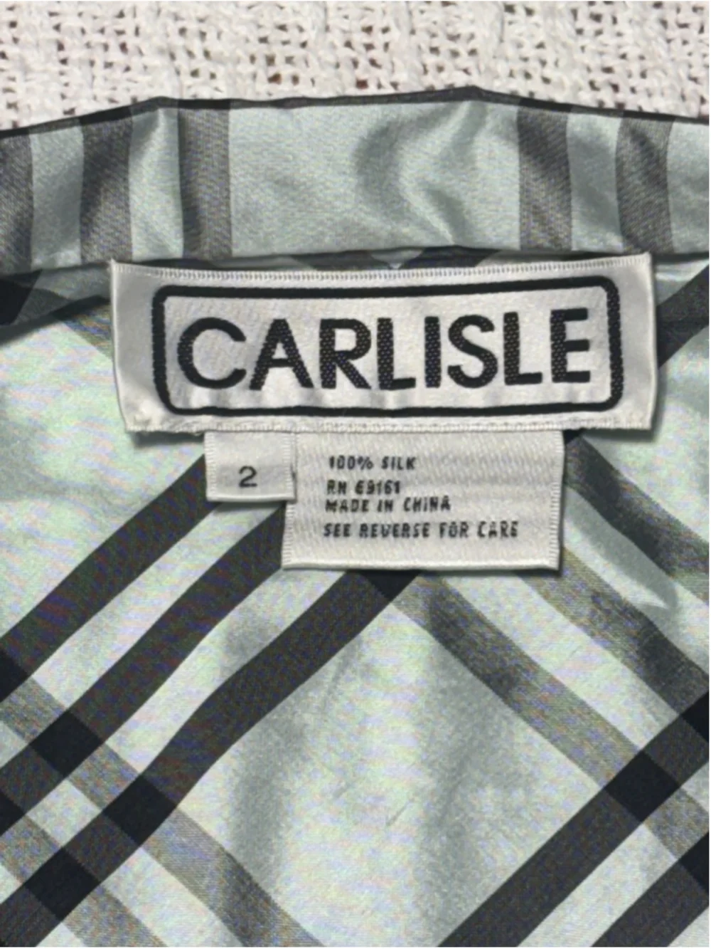 Carlisle Vintage 100% Silk Mint Green Diagonol Plaid Button Up Shirt Size 2 EUC